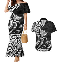 Hawaii Manta Ray Couples Matching Mermaid Dress and Hawaiian Shirt Polynesian Art Tattoo LT05 Black - Polynesian Pride