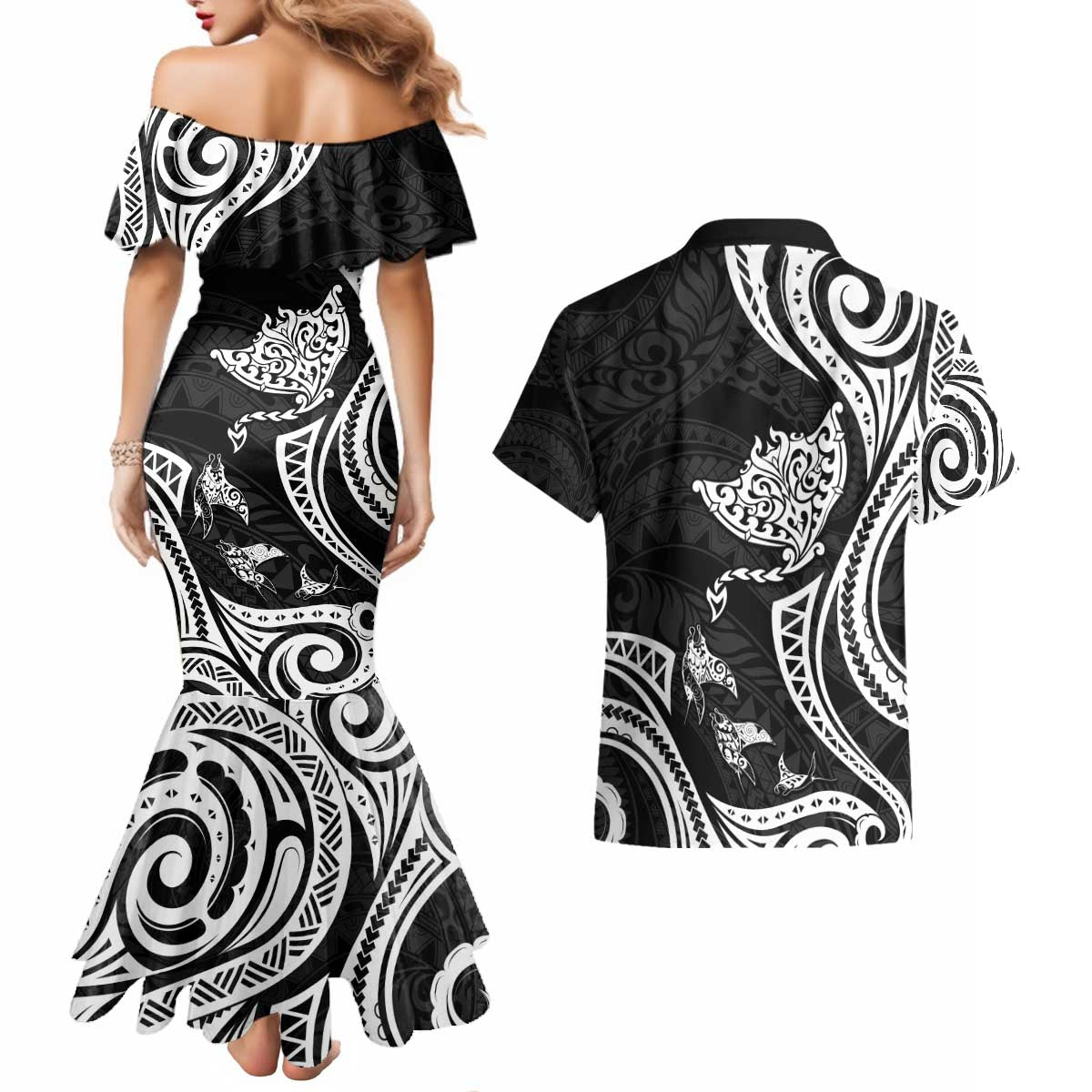 Hawaii Manta Ray Couples Matching Mermaid Dress and Hawaiian Shirt Polynesian Art Tattoo LT05 - Polynesian Pride