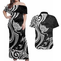 Hawaii Manta Ray Couples Matching Off Shoulder Maxi Dress and Hawaiian Shirt Polynesian Art Tattoo LT05 Black - Polynesian Pride