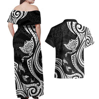 Hawaii Manta Ray Couples Matching Off Shoulder Maxi Dress and Hawaiian Shirt Polynesian Art Tattoo LT05 - Polynesian Pride
