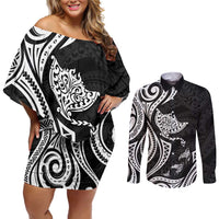 Hawaii Manta Ray Couples Matching Off Shoulder Short Dress and Long Sleeve Button Shirt Polynesian Art Tattoo