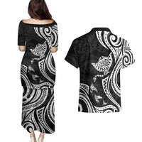 Hawaii Manta Ray Couples Matching Puletasi and Hawaiian Shirt Polynesian Art Tattoo