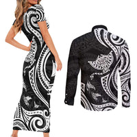 Hawaii Manta Ray Couples Matching Short Sleeve Bodycon Dress and Long Sleeve Button Shirt Polynesian Art Tattoo