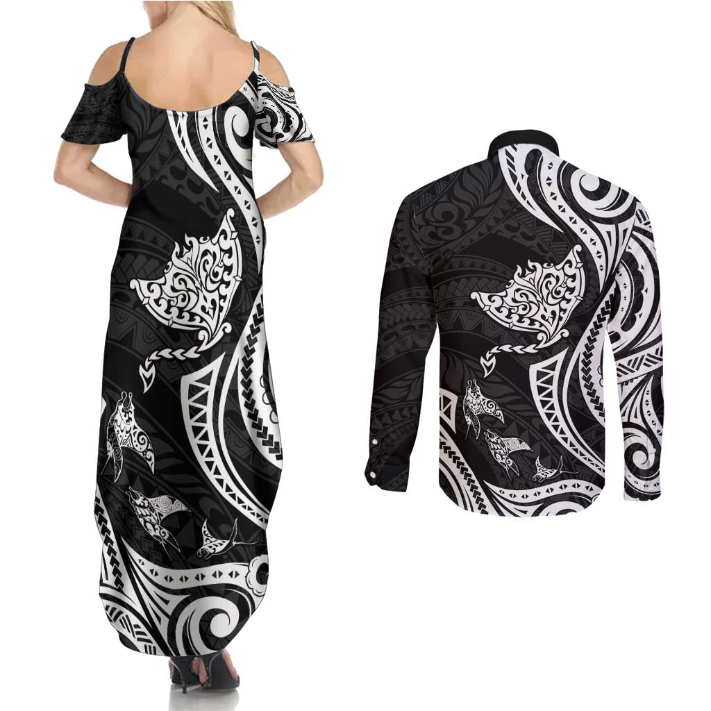 Hawaii Manta Ray Couples Matching Summer Maxi Dress and Long Sleeve Button Shirt Polynesian Art Tattoo