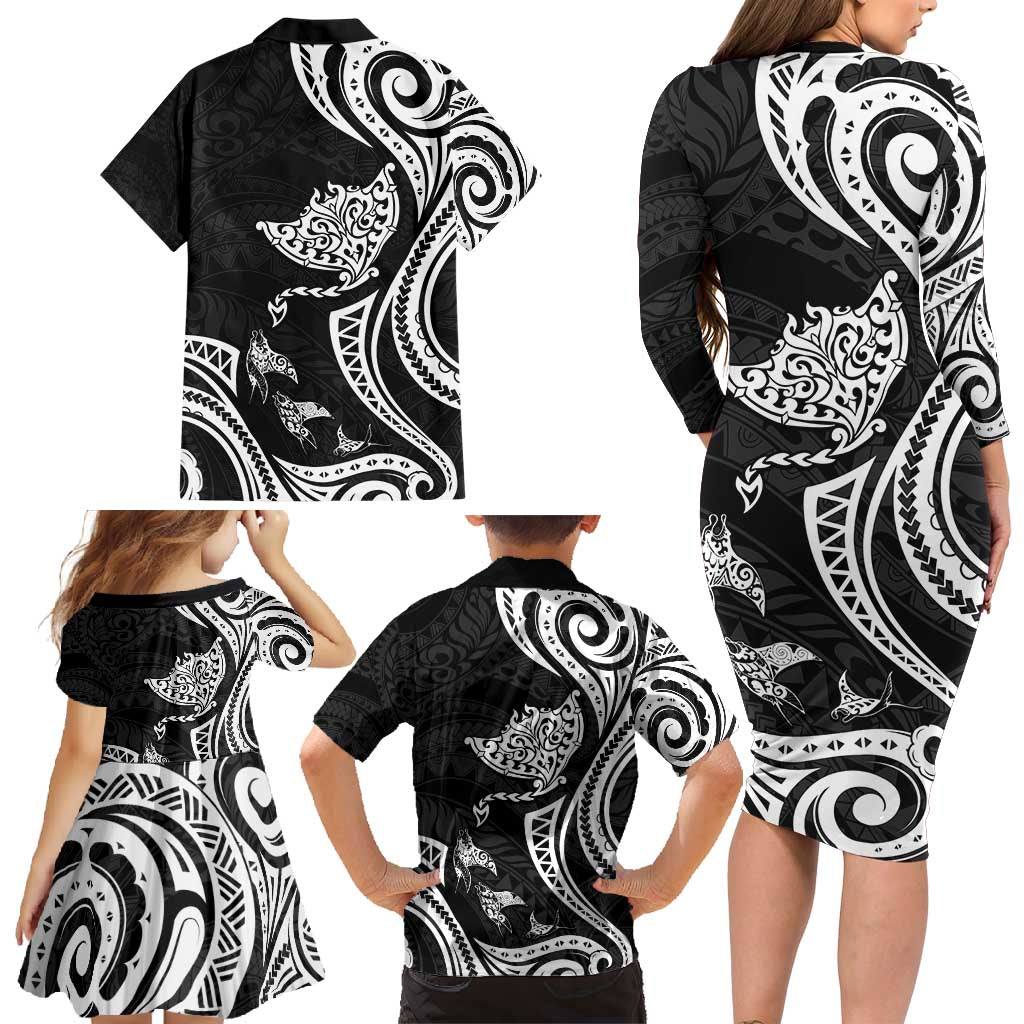 Hawaii Manta Ray Family Matching Long Sleeve Bodycon Dress and Hawaiian Shirt Polynesian Art Tattoo