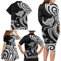 Hawaii Manta Ray Family Matching Long Sleeve Bodycon Dress and Hawaiian Shirt Polynesian Art Tattoo