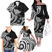 Hawaii Manta Ray Family Matching Off The Shoulder Long Sleeve Dress and Hawaiian Shirt Polynesian Art Tattoo LT05 - Polynesian Pride