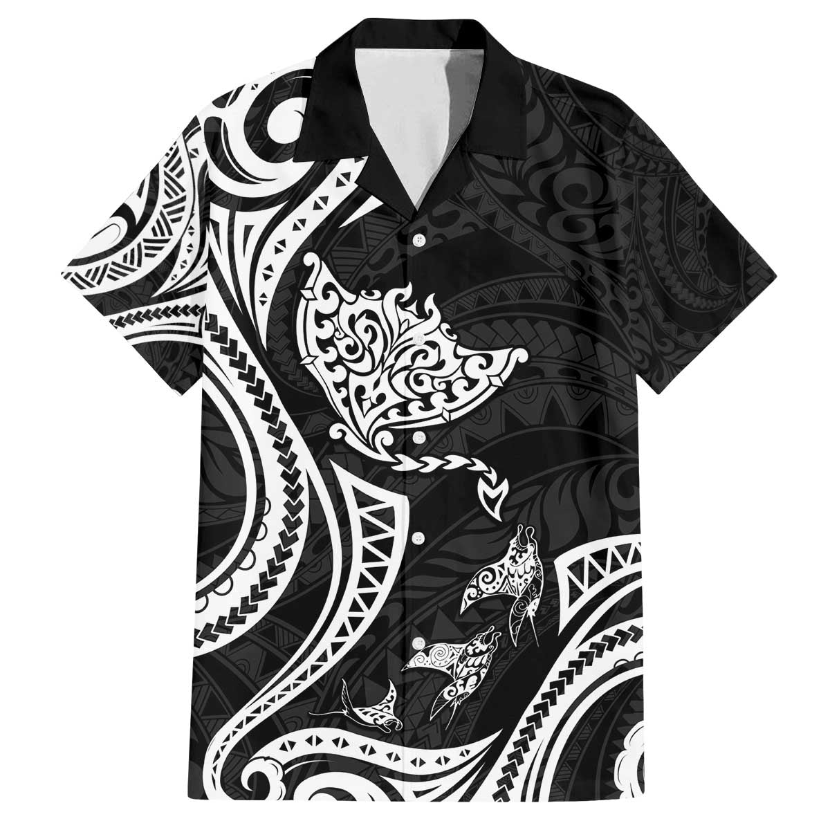 Hawaii Manta Ray Family Matching Off The Shoulder Long Sleeve Dress and Hawaiian Shirt Polynesian Art Tattoo LT05 Dad's Shirt - Short Sleeve Black - Polynesian Pride