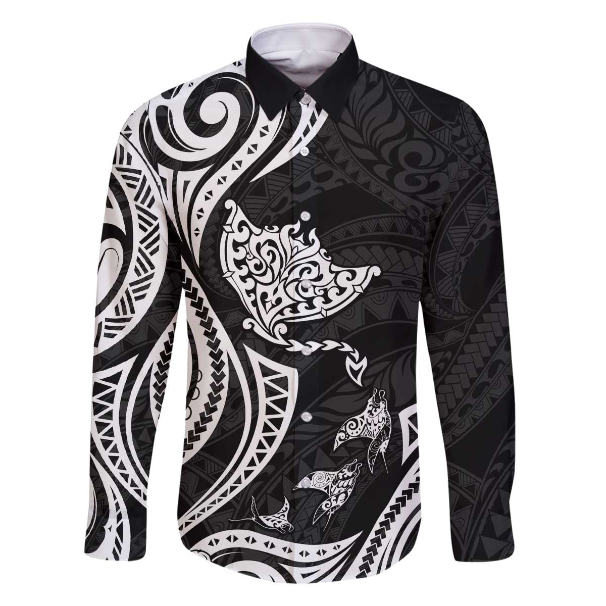Hawaii Manta Ray Family Matching Off The Shoulder Long Sleeve Dress and Hawaiian Shirt Polynesian Art Tattoo LT05 Dad's Shirt - Long Sleeve Black - Polynesian Pride