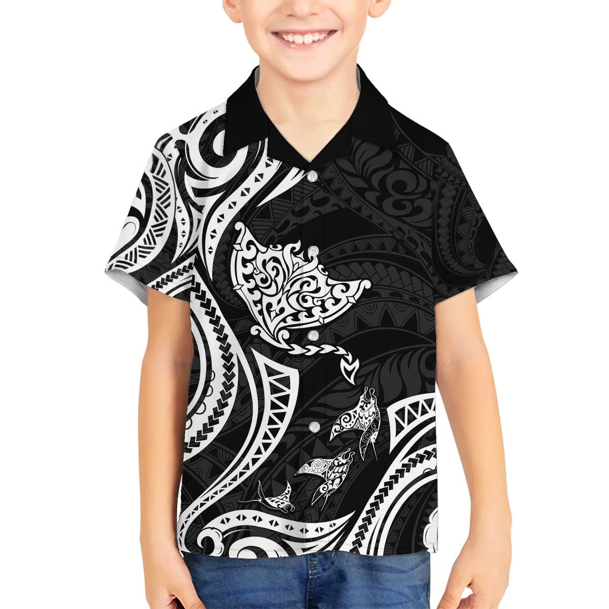 Hawaii Manta Ray Family Matching Off The Shoulder Long Sleeve Dress and Hawaiian Shirt Polynesian Art Tattoo LT05 Son's Shirt Black - Polynesian Pride