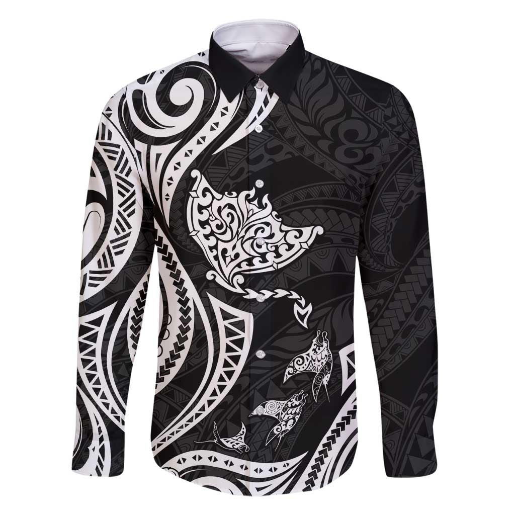 Hawaii Manta Ray Family Matching Off Shoulder Maxi Dress and Hawaiian Shirt Polynesian Art Tattoo LT05 Dad's Shirt - Long Sleeve Black - Polynesian Pride