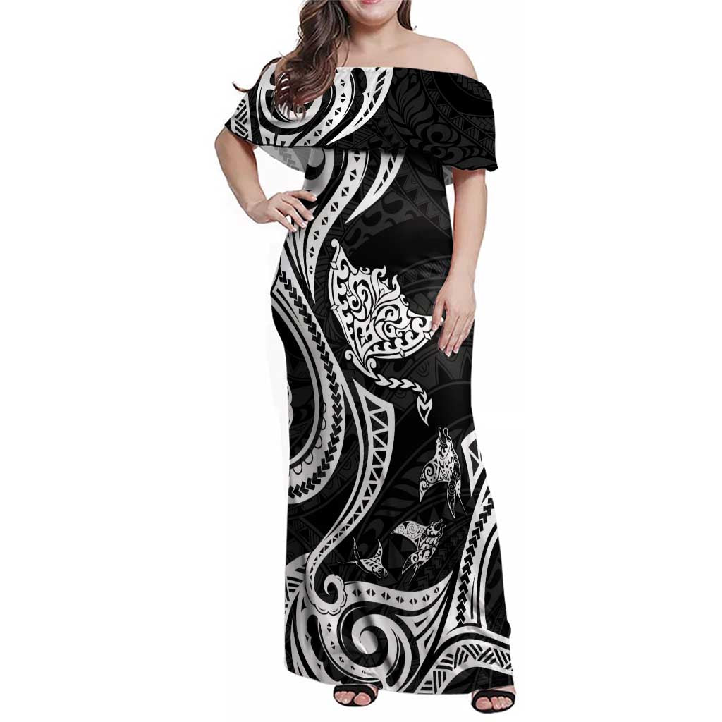 Hawaii Manta Ray Family Matching Off Shoulder Maxi Dress and Hawaiian Shirt Polynesian Art Tattoo LT05 Mom's Dress Black - Polynesian Pride