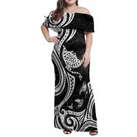 Hawaii Manta Ray Family Matching Off Shoulder Maxi Dress and Hawaiian Shirt Polynesian Art Tattoo LT05 Mom's Dress Black - Polynesian Pride