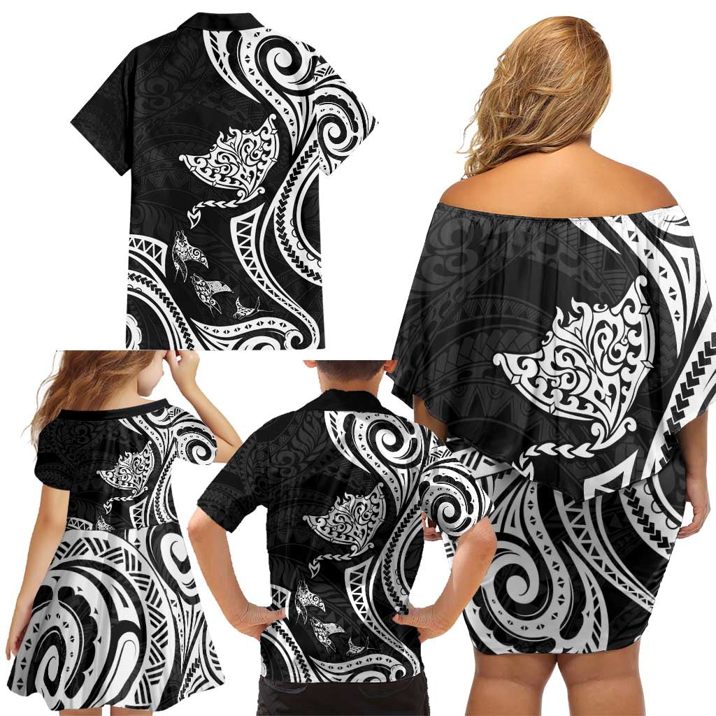 Hawaii Manta Ray Family Matching Off Shoulder Short Dress and Hawaiian Shirt Polynesian Art Tattoo