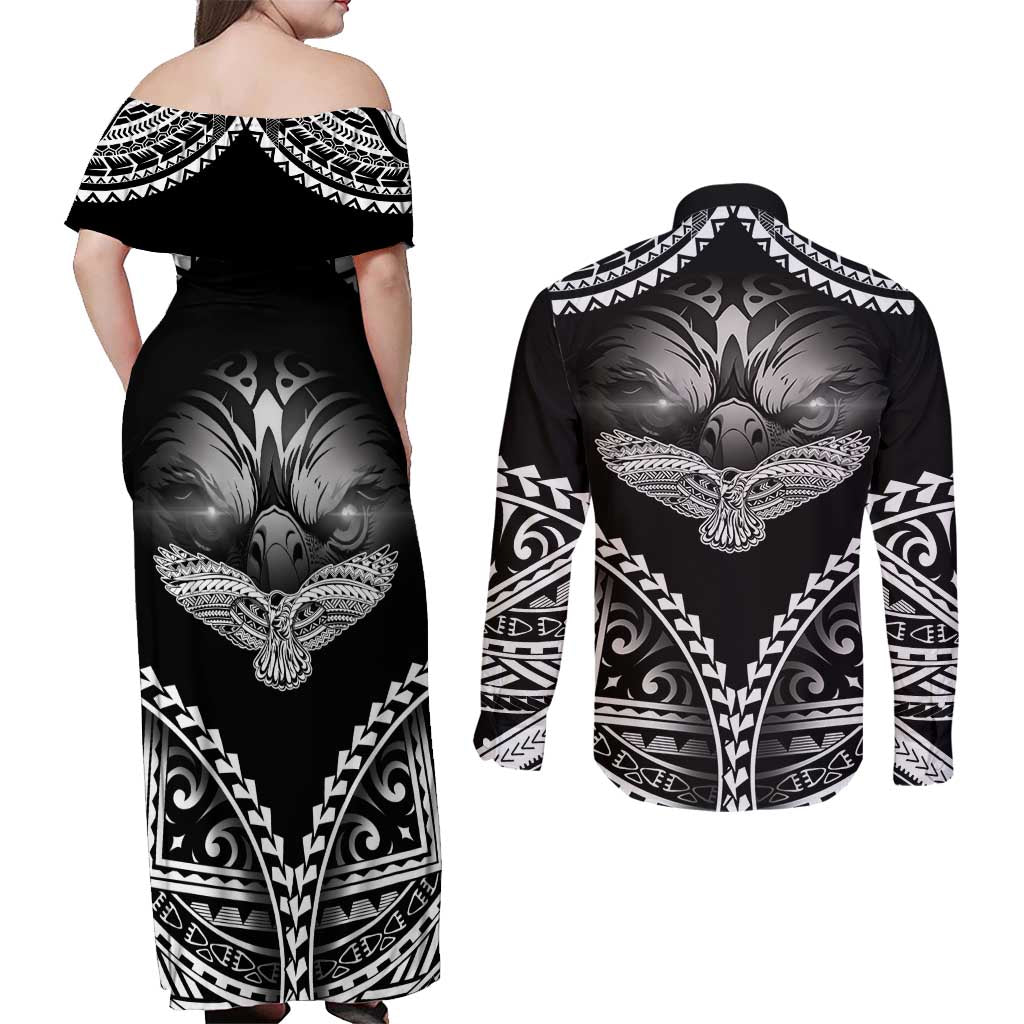Hawaiian Hawk Couples Matching Off Shoulder Maxi Dress and Long Sleeve Button Shirt Polynesian Pattern Style
