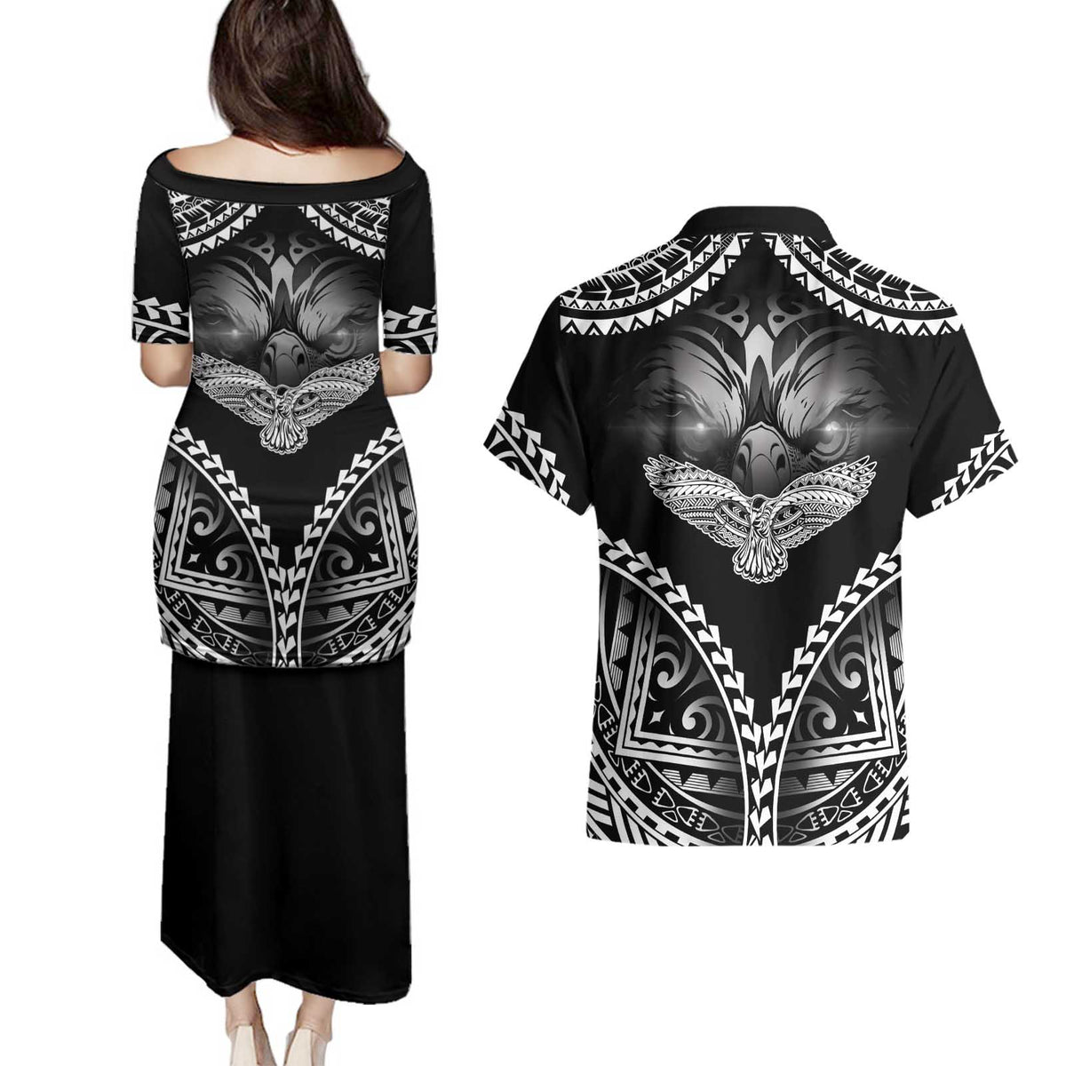 Hawaiian Hawk Couples Matching Puletasi and Hawaiian Shirt Polynesian Pattern Style