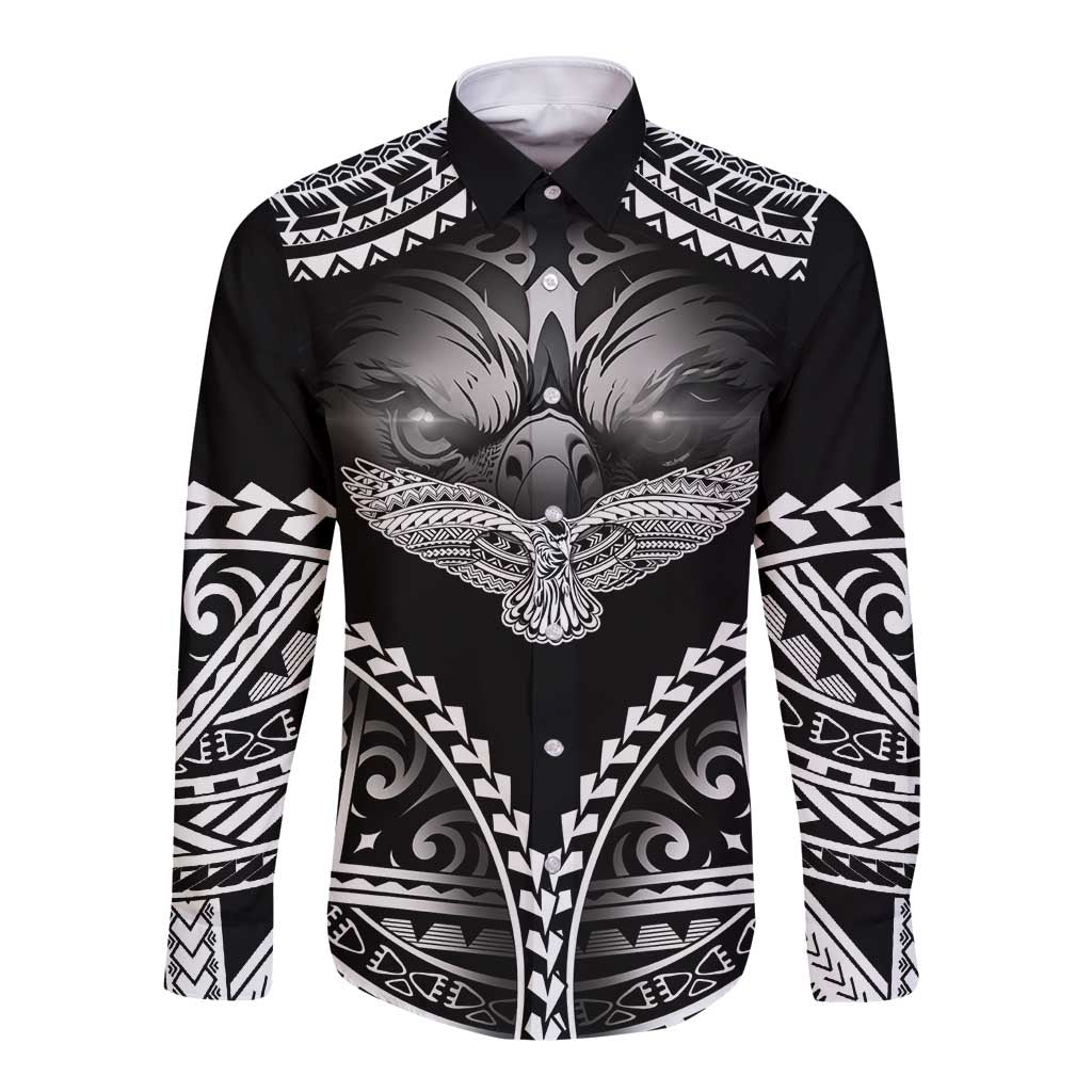 Hawaiian Hawk Long Sleeve Button Shirt Polynesian Pattern Style LT05 Unisex Black - Polynesian Pride