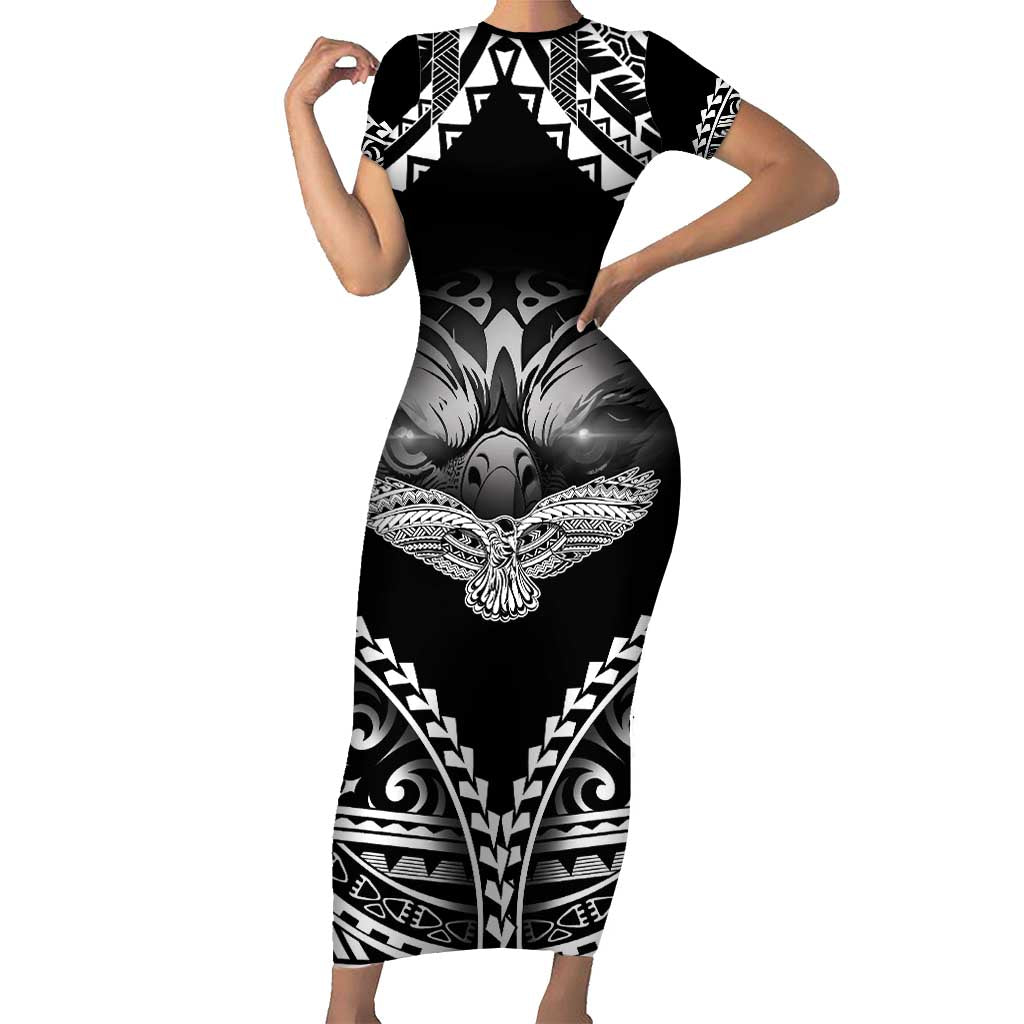Hawaiian Hawk Short Sleeve Bodycon Dress Polynesian Pattern Style LT05 Long Dress Black - Polynesian Pride
