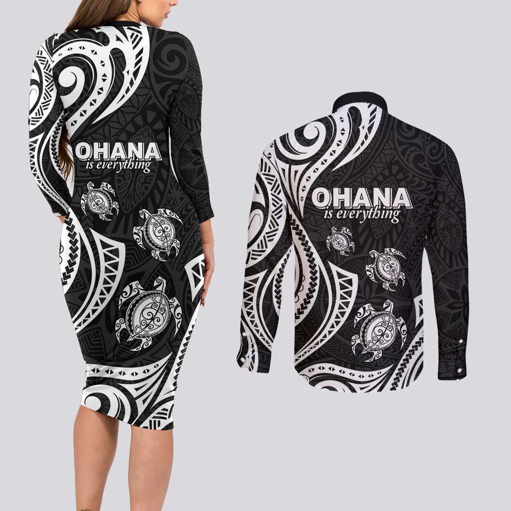 Hawaii Ohana Means Family Couples Matching Long Sleeve Bodycon Dress and Long Sleeve Button Shirt Sea Turtle Polynesian Style LT05 - Polynesian Pride