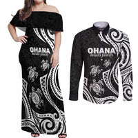 Hawaii Ohana Means Family Couples Matching Off Shoulder Maxi Dress and Long Sleeve Button Shirt Sea Turtle Polynesian Style LT05 Black - Polynesian Pride
