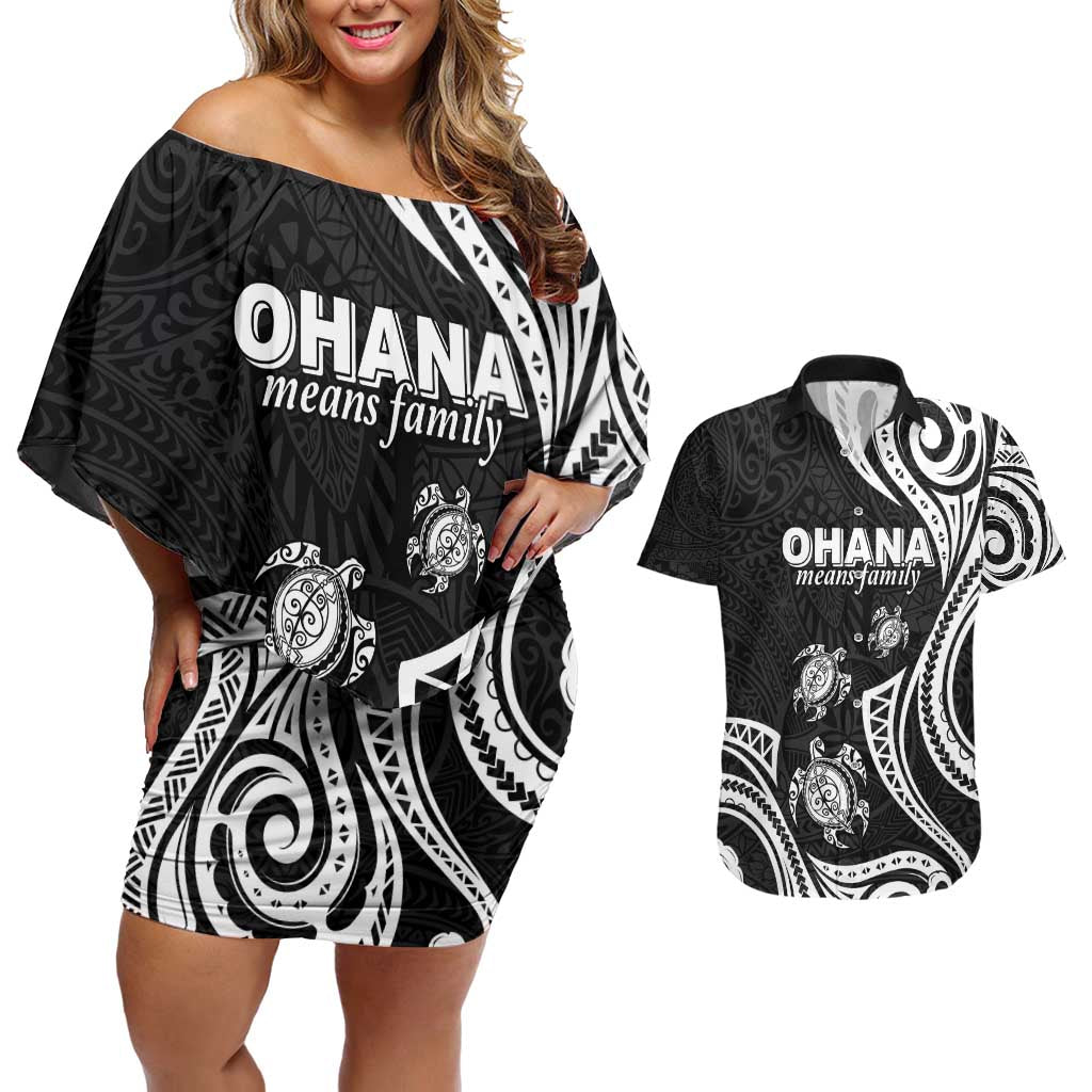 Hawaii Ohana Means Family Couples Matching Off Shoulder Short Dress and Hawaiian Shirt Sea Turtle Polynesian Style LT05 Black - Polynesian Pride