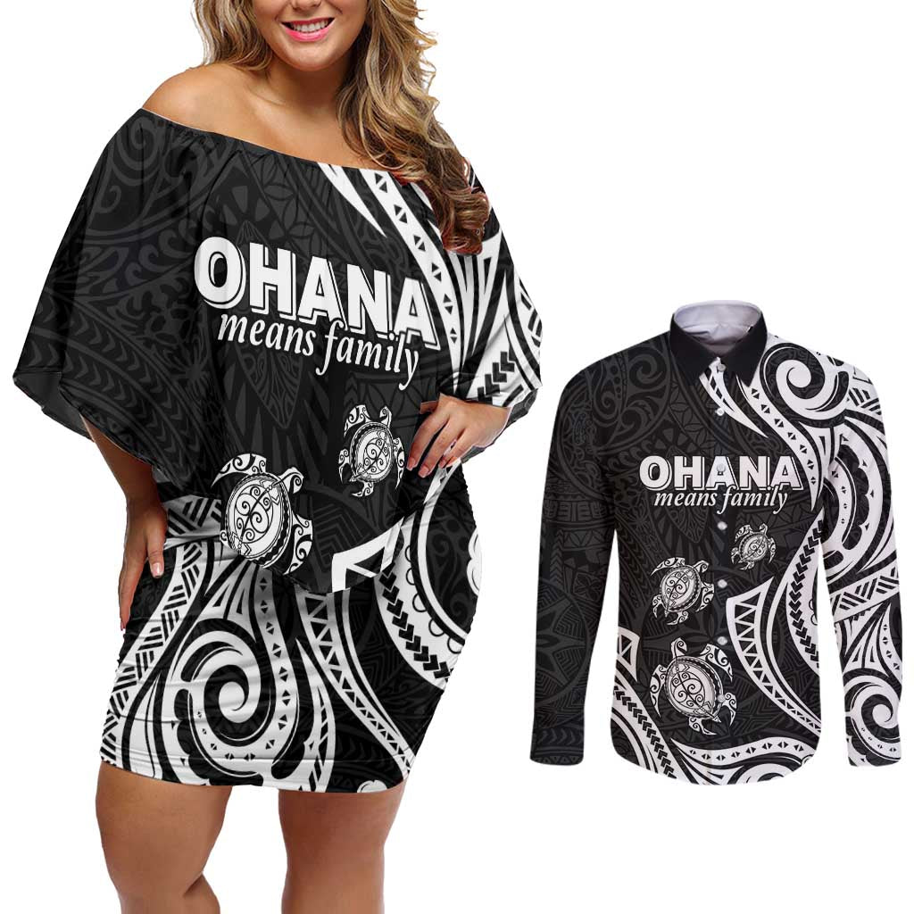 Hawaii Ohana Means Family Couples Matching Off Shoulder Short Dress and Long Sleeve Button Shirt Sea Turtle Polynesian Style LT05 Black - Polynesian Pride