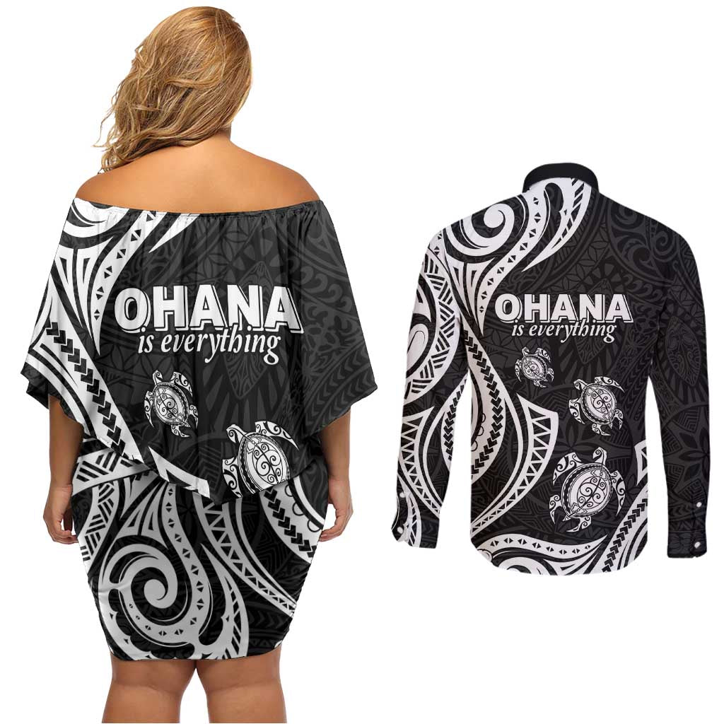 Hawaii Ohana Means Family Couples Matching Off Shoulder Short Dress and Long Sleeve Button Shirt Sea Turtle Polynesian Style LT05 - Polynesian Pride