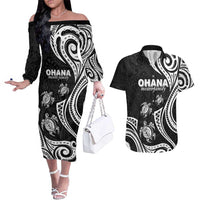 Hawaii Ohana Means Family Couples Matching Off The Shoulder Long Sleeve Dress and Hawaiian Shirt Sea Turtle Polynesian Style LT05 Black - Polynesian Pride