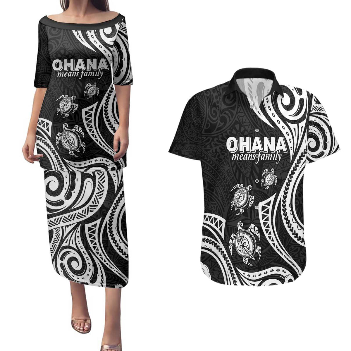 Hawaii Ohana Means Family Couples Matching Puletasi and Hawaiian Shirt Sea Turtle Polynesian Style LT05 Black - Polynesian Pride