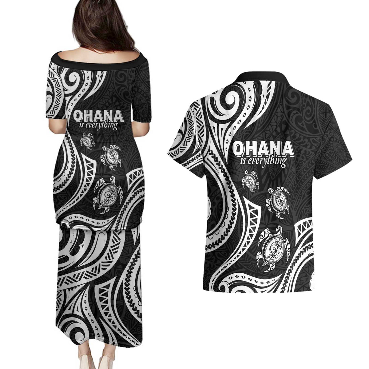 Hawaii Ohana Means Family Couples Matching Puletasi and Hawaiian Shirt Sea Turtle Polynesian Style LT05 - Polynesian Pride