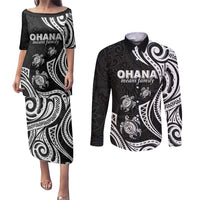 Hawaii Ohana Means Family Couples Matching Puletasi and Long Sleeve Button Shirt Sea Turtle Polynesian Style LT05 Black - Polynesian Pride