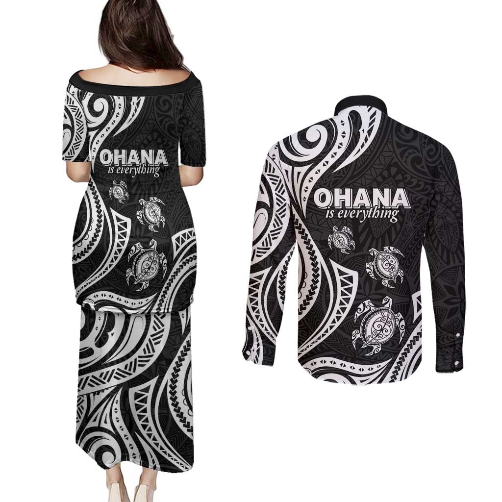 Hawaii Ohana Means Family Couples Matching Puletasi and Long Sleeve Button Shirt Sea Turtle Polynesian Style LT05 - Polynesian Pride