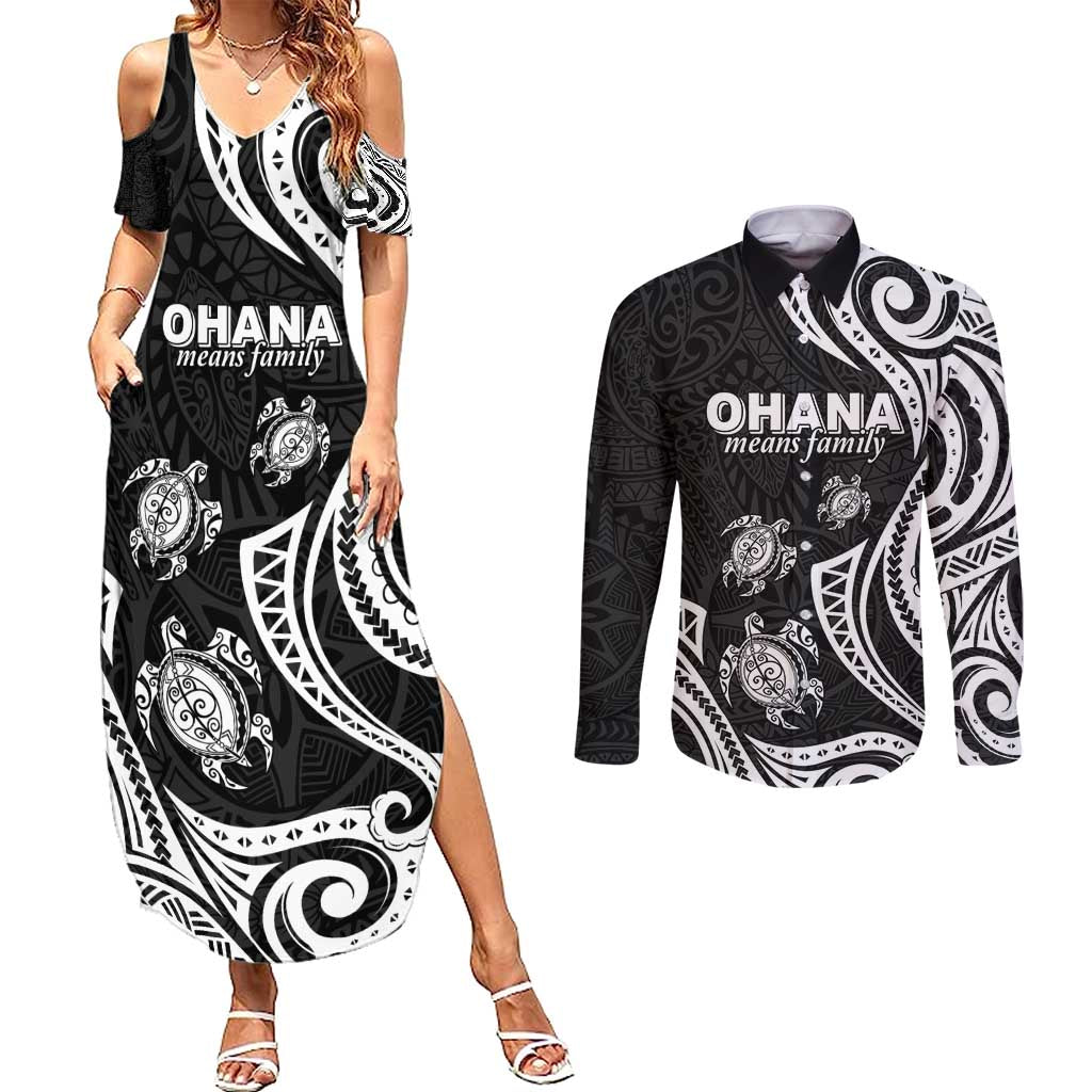 Hawaii Ohana Means Family Couples Matching Summer Maxi Dress and Long Sleeve Button Shirt Sea Turtle Polynesian Style LT05 Black - Polynesian Pride
