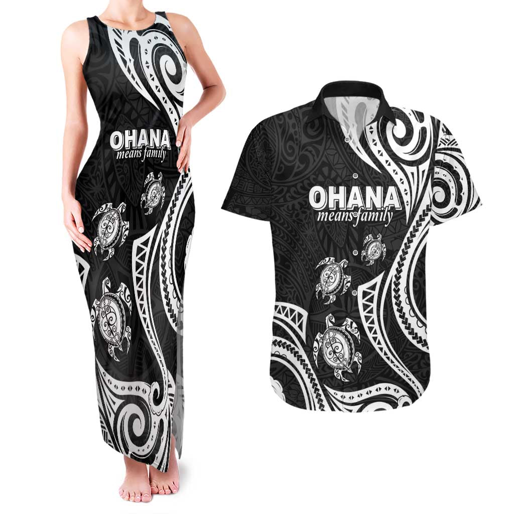 Hawaii Ohana Means Family Couples Matching Tank Maxi Dress and Hawaiian Shirt Sea Turtle Polynesian Style LT05 Black - Polynesian Pride