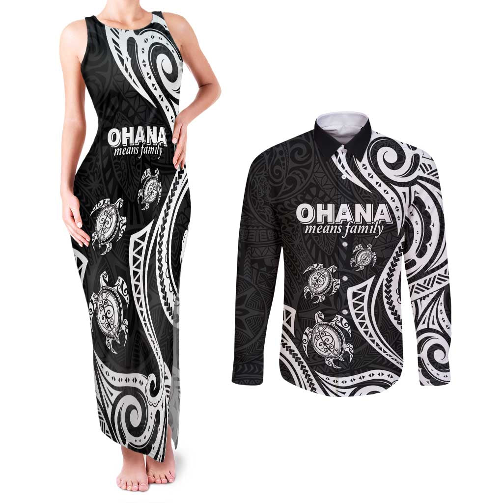 Hawaii Ohana Means Family Couples Matching Tank Maxi Dress and Long Sleeve Button Shirt Sea Turtle Polynesian Style LT05 Black - Polynesian Pride