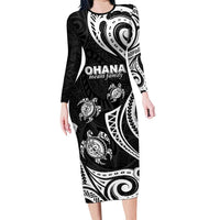 Hawaii Ohana Means Family Family Matching Long Sleeve Bodycon Dress and Hawaiian Shirt Sea Turtle Polynesian Style LT05 Mom's Dress Black - Polynesian Pride
