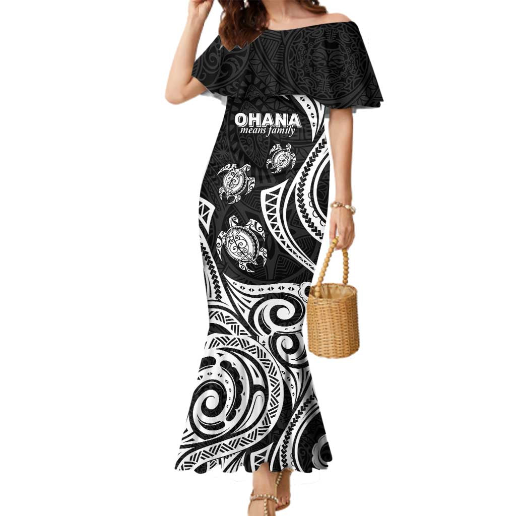 Hawaii Ohana Means Family Family Matching Mermaid Dress and Hawaiian Shirt Sea Turtle Polynesian Style LT05 Mom's Dress Black - Polynesian Pride