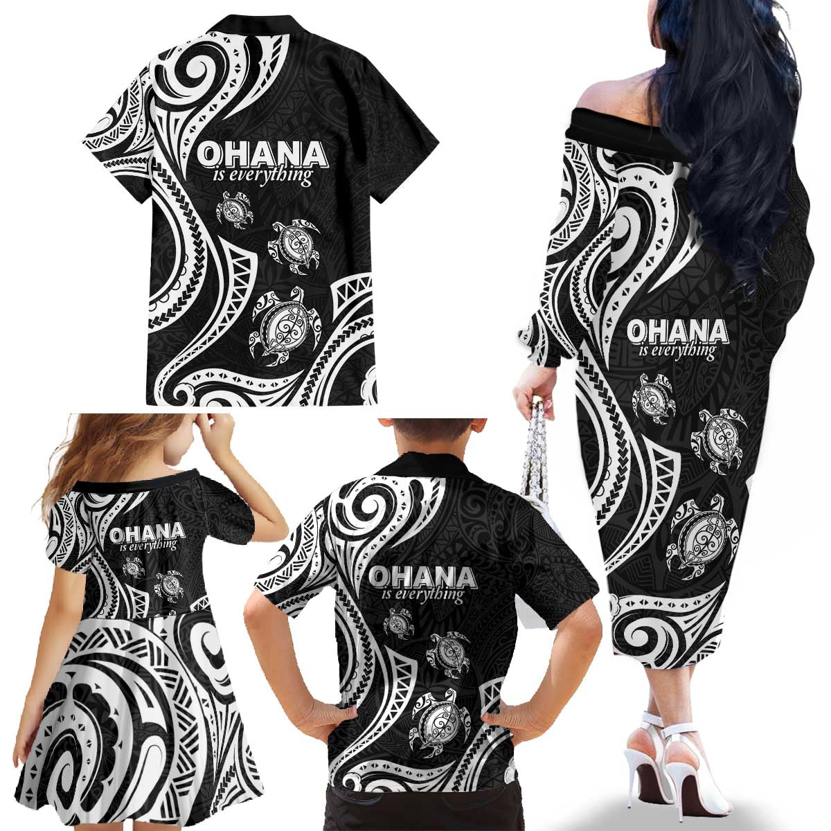 Hawaii Ohana Means Family Family Matching Off The Shoulder Long Sleeve Dress and Hawaiian Shirt Sea Turtle Polynesian Style LT05 - Polynesian Pride