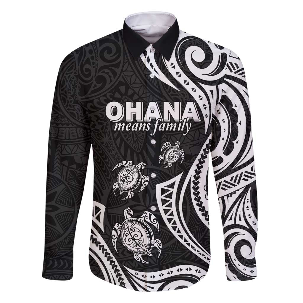 Hawaii Ohana Means Family Family Matching Off Shoulder Maxi Dress and Hawaiian Shirt Sea Turtle Polynesian Style LT05 Dad's Shirt - Long Sleeve Black - Polynesian Pride