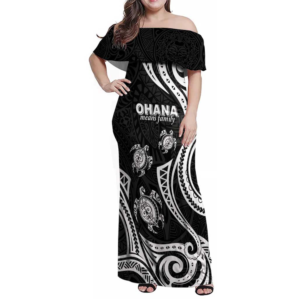Hawaii Ohana Means Family Family Matching Off Shoulder Maxi Dress and Hawaiian Shirt Sea Turtle Polynesian Style LT05 Mom's Dress Black - Polynesian Pride