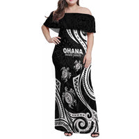 Hawaii Ohana Means Family Family Matching Off Shoulder Maxi Dress and Hawaiian Shirt Sea Turtle Polynesian Style LT05 Mom's Dress Black - Polynesian Pride