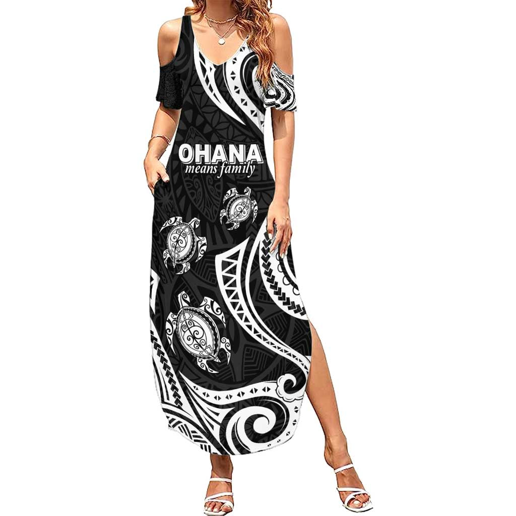 Hawaii Ohana Means Family Family Matching Summer Maxi Dress and Hawaiian Shirt Sea Turtle Polynesian Style LT05 Mom's Dress Black - Polynesian Pride