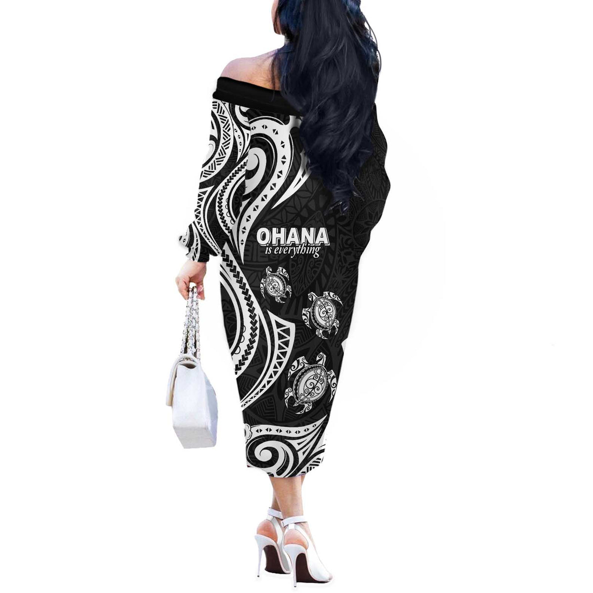 Hawaii Ohana Means Family Off The Shoulder Long Sleeve Dress Sea Turtle Polynesian Style LT05 - Polynesian Pride