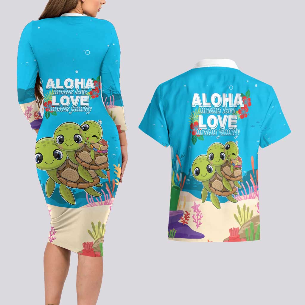 Ohana Hawaii Couples Matching Long Sleeve Bodycon Dress and Hawaiian Shirt Kawaii Family Turtle LT05 - Polynesian Pride