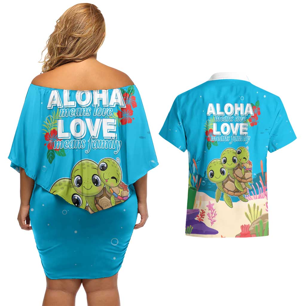 Ohana Hawaii Couples Matching Off Shoulder Short Dress and Hawaiian Shirt Kawaii Family Turtle