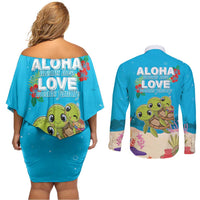 Ohana Hawaii Couples Matching Off Shoulder Short Dress and Long Sleeve Button Shirt Kawaii Family Turtle