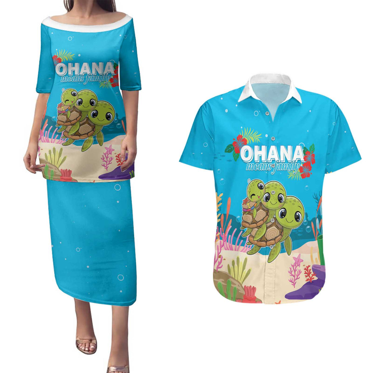Ohana Hawaii Couples Matching Puletasi and Hawaiian Shirt Kawaii Family Turtle LT05 Blue - Polynesian Pride