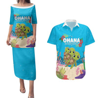 Ohana Hawaii Couples Matching Puletasi and Hawaiian Shirt Kawaii Family Turtle LT05 Blue - Polynesian Pride
