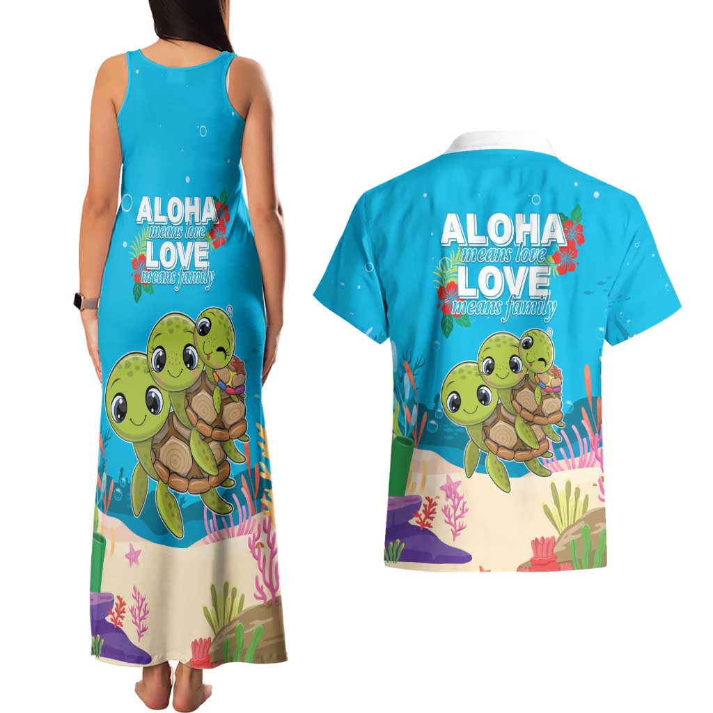 Ohana Hawaii Couples Matching Tank Maxi Dress and Hawaiian Shirt Kawaii Family Turtle