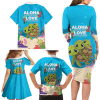 Ohana Hawaii Family Matching Long Sleeve Bodycon Dress and Hawaiian Shirt Kawaii Family Turtle